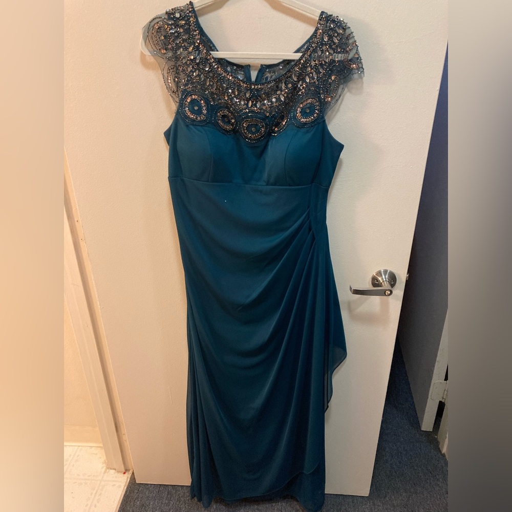 Xscape gown! Beaded neck, side ruffled, size 14, dark green/teal